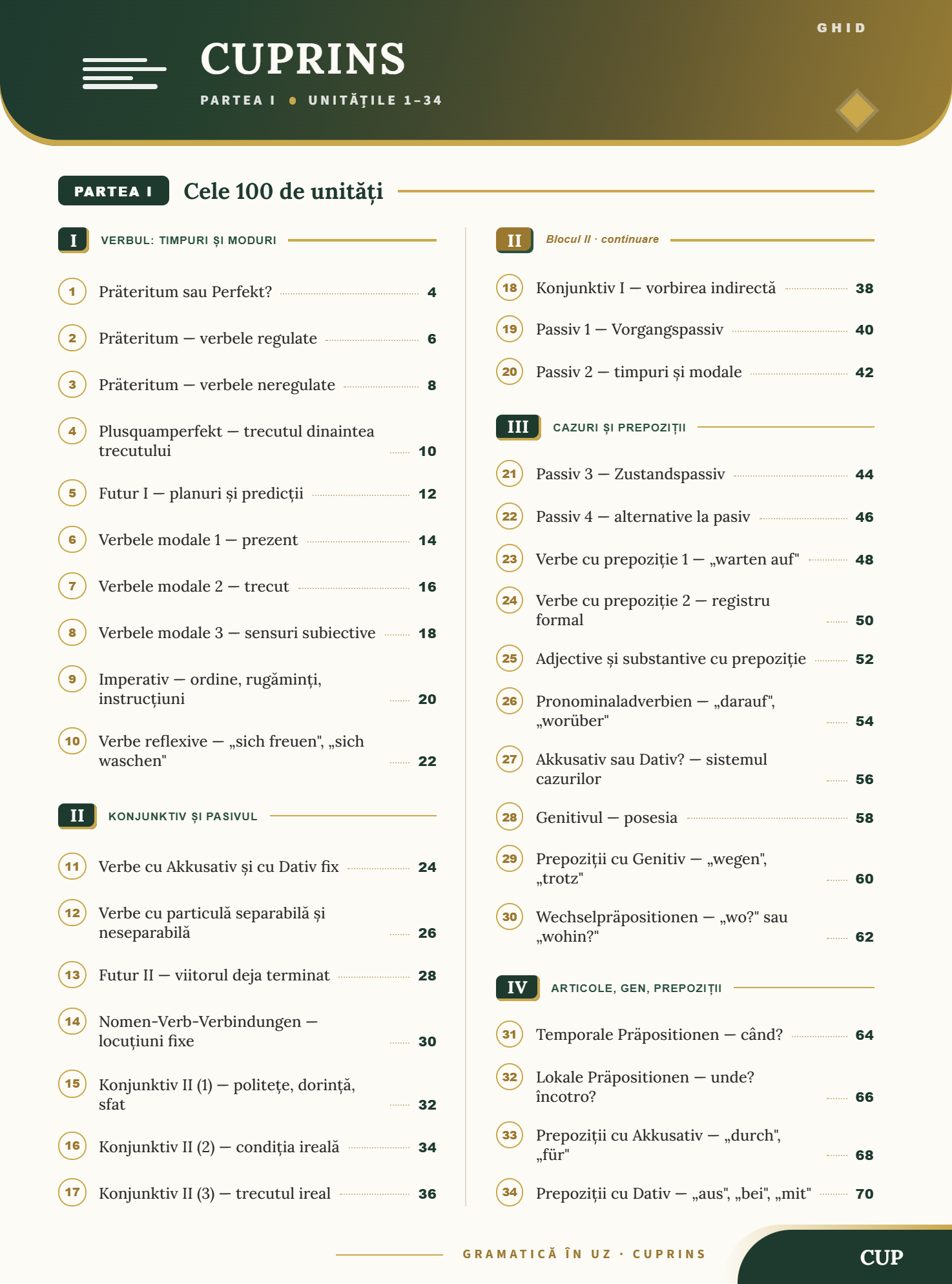 Cuprinsul cărții: lista completă a unităților de gramatică, partea întâi